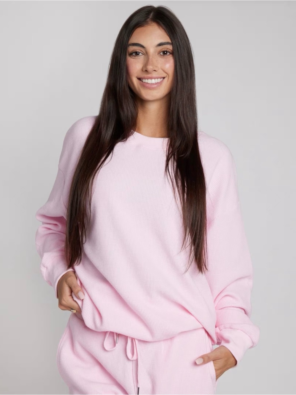 Comfrt waffle long sleeve  Knit Crewneck Sweater,cherry blossom, sz m new in bag